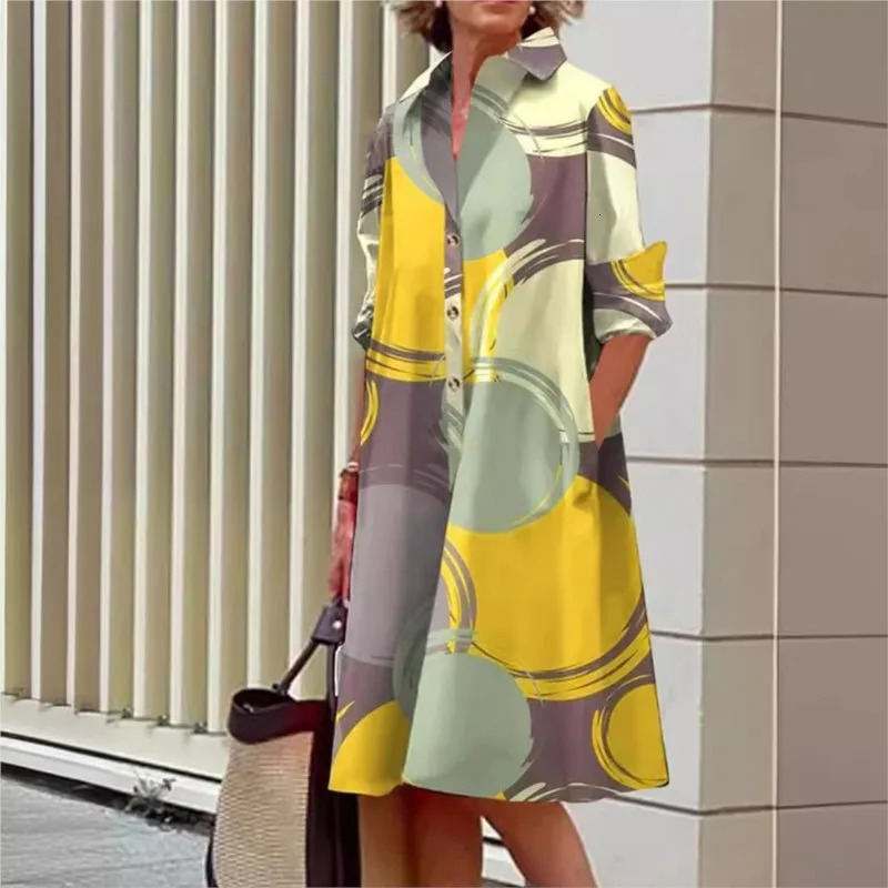 Fashionable Color Printed Blouse Dress Long Sleeved Flip Tie Button Up Shirt Sleeve Pocket Midi Spring Dress 2025 Product 251213