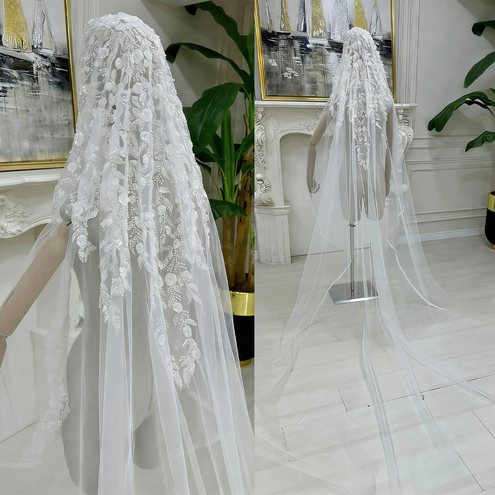 Modern Wedding Veil Appliques Sequins Flowers Bride Long Royal Bridal Veil with Comb For Women Customized Bridal Wedding Accessories