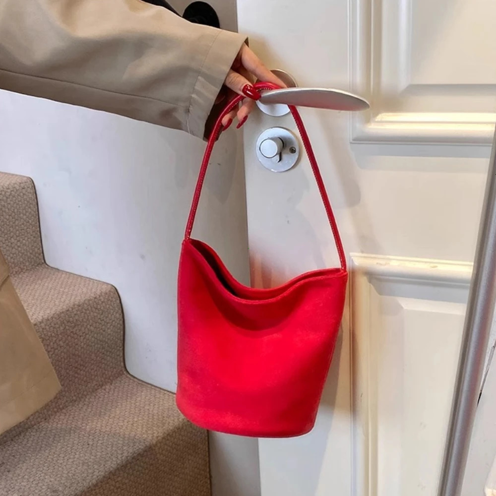 Women Suede Bucket Bag Faux Suede Shoulder Bag Large Capacity Womens Commuting Bags Retro Trendy Solid Color Tote Handbags 2025 251217