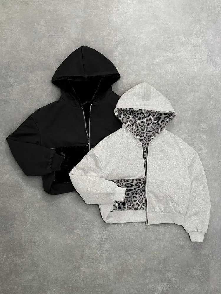 Unisex hoodie hooded sweatshirt with leopard print lining pocket loose cardigan zipper sweatshirt strtwear style X251218