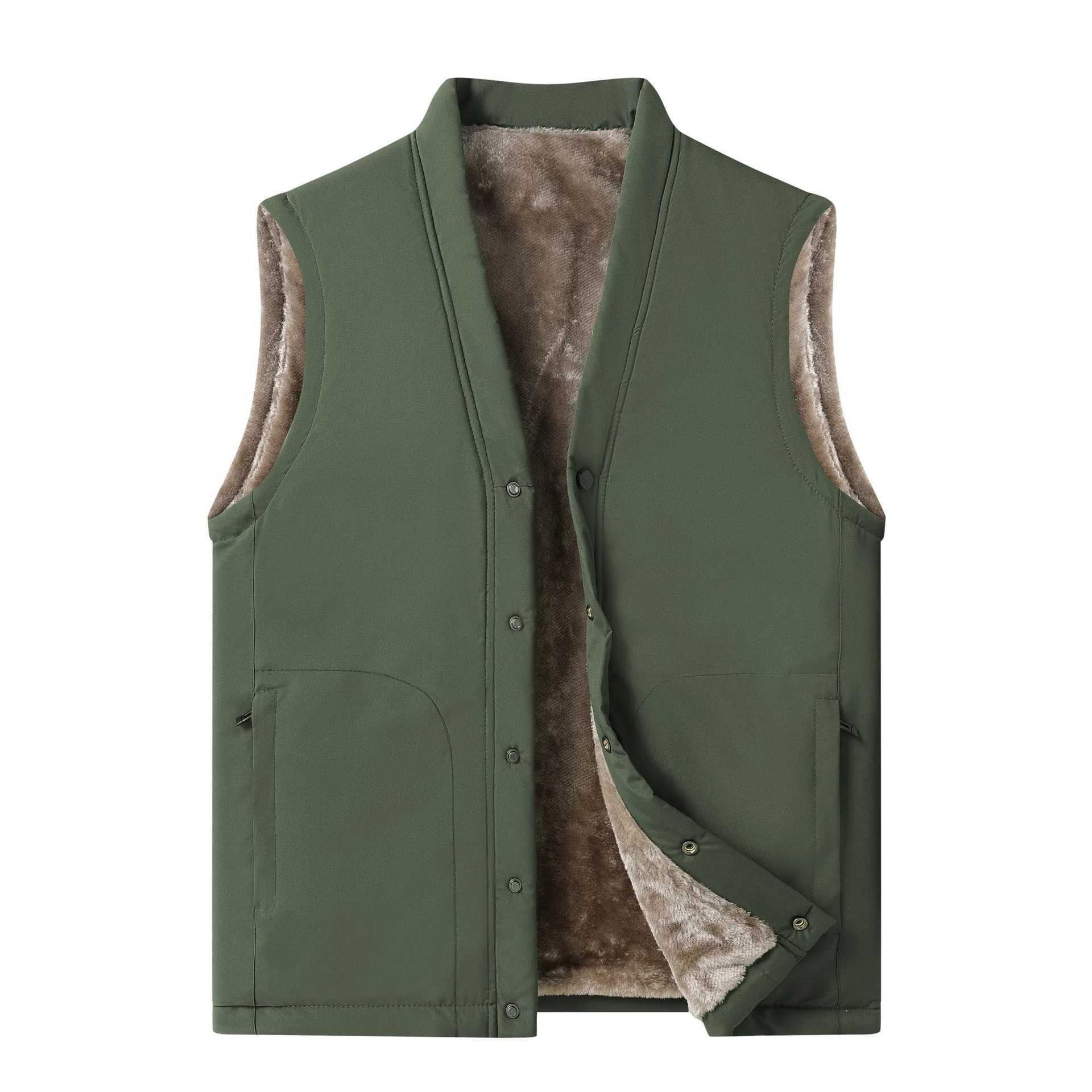 2025 Autumn Winter Men Plush Vest V-neck Sleeveless Fleece Male Coat Solid Color Single-breasted Comfortable Man WaistcoatG251218