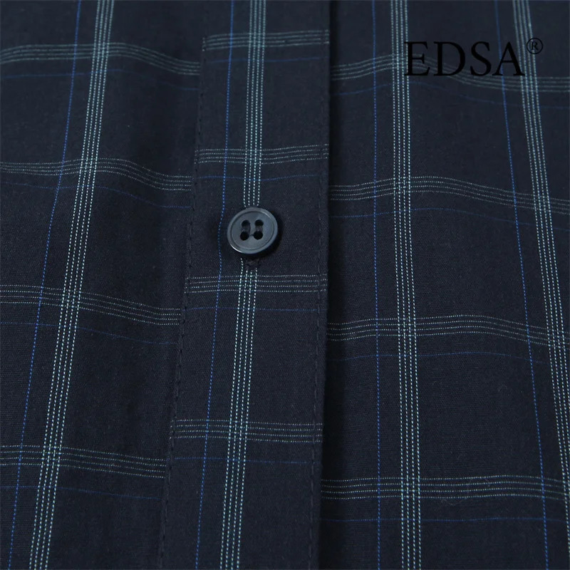 EDSA Women Navy Blue Plaid Shirt with Pocket Square for Office Lady Single Breasted AllMatch Tops 251217
