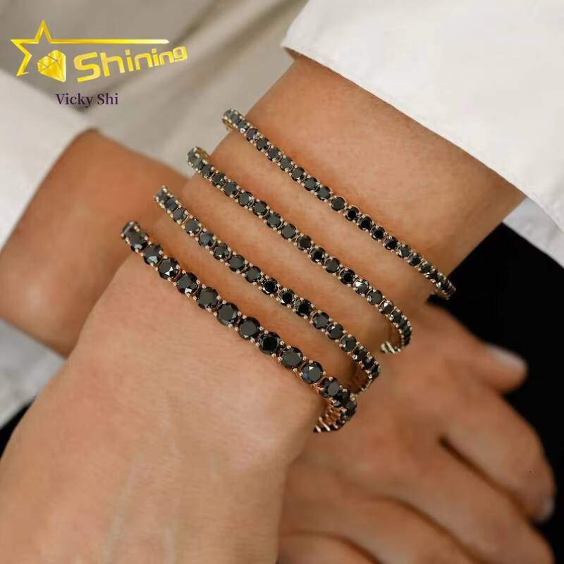 GRA Certificated 3mm 4mm 5mm Black Moissanite Tennis Chain Pass Diamond Tester Men Women Fashion 925 Silver Necklace