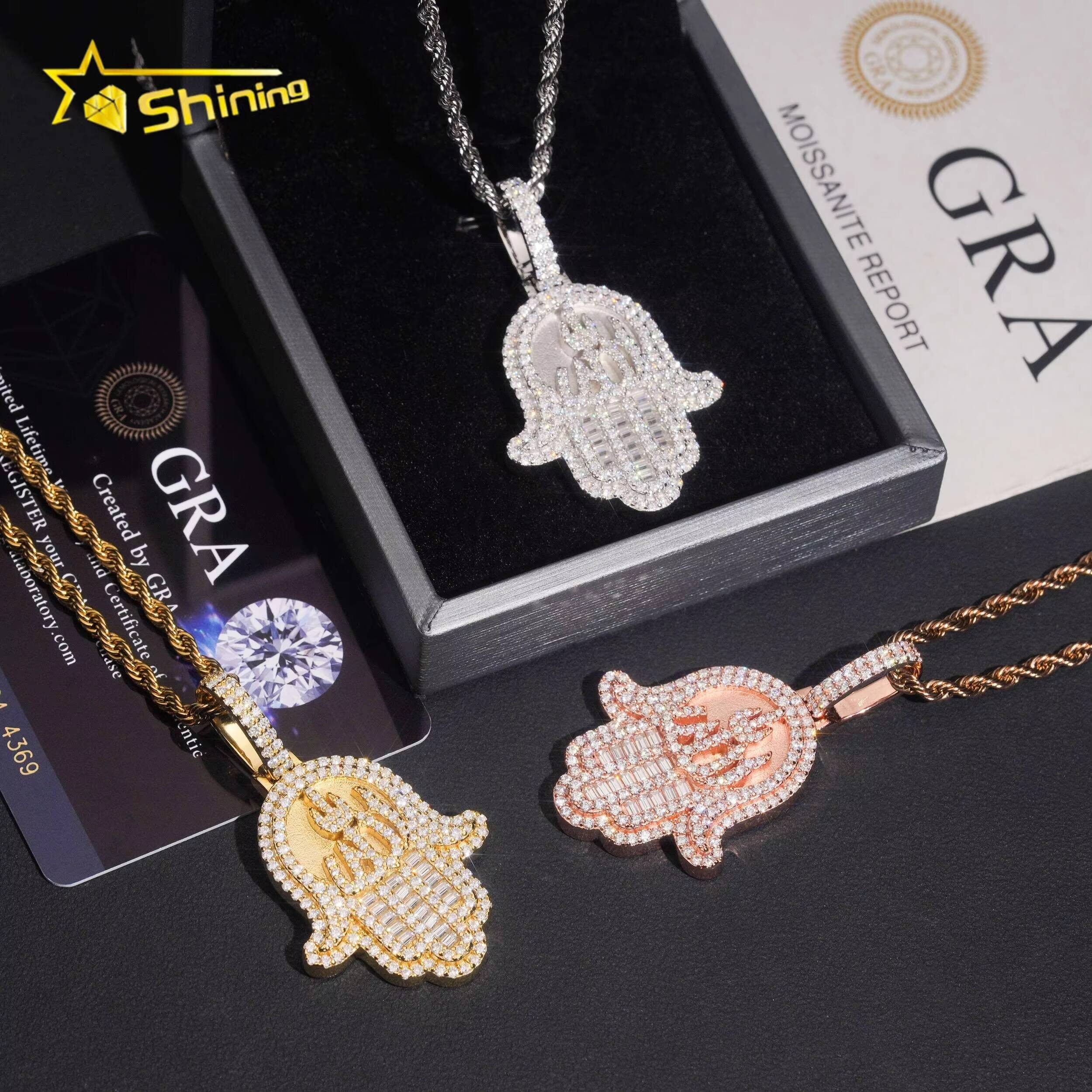 Hot Selling Hip Hop Rapper Style 925 Silver Rose Gold Hamsa Hand Iced Out VVS Moissanite Pendant