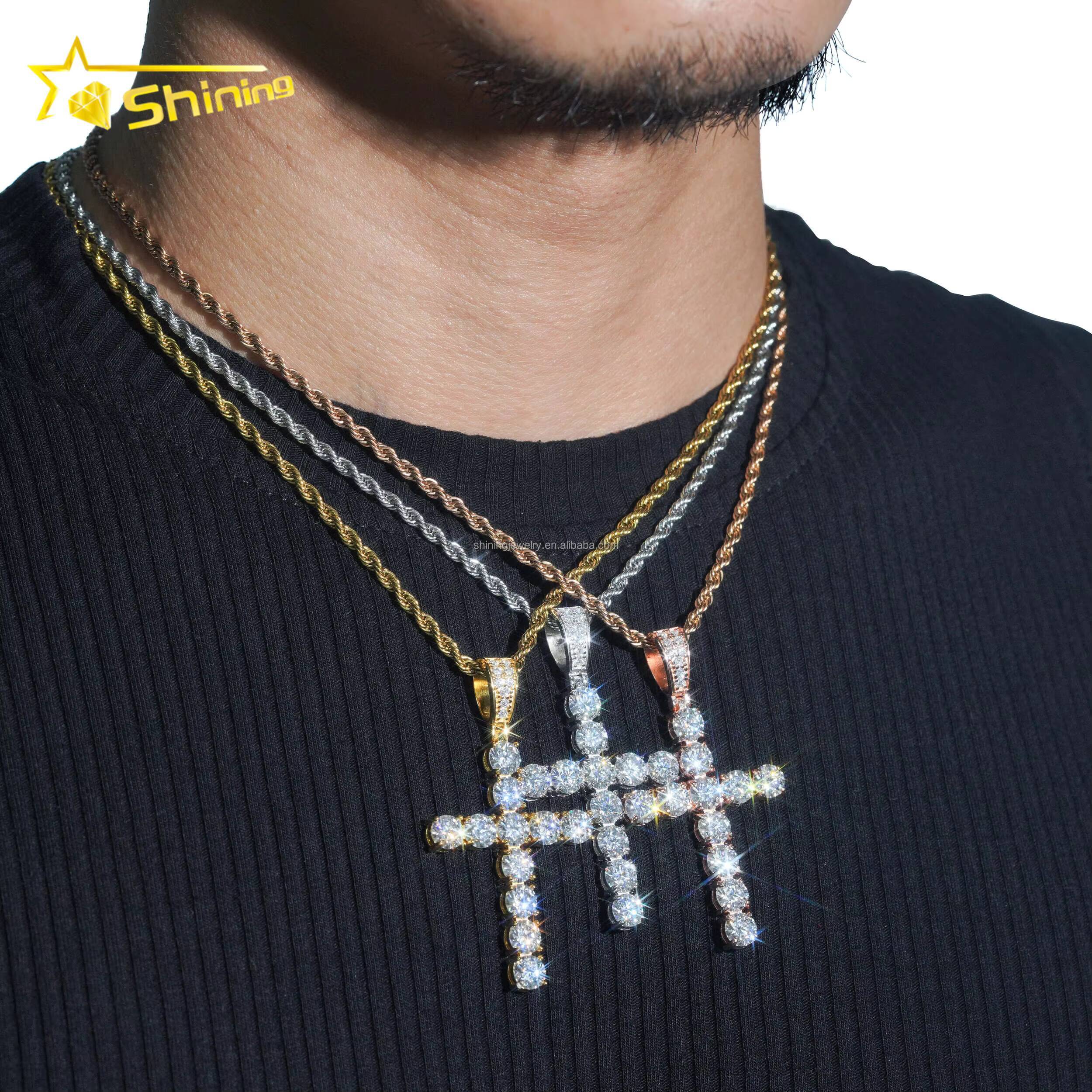 Bulk Stock Man Gift Hot Selling GRA Certified 925 Sterling Silver Gold Plated VVS1 Moissanite Diamond Solitaire Cross Pendant