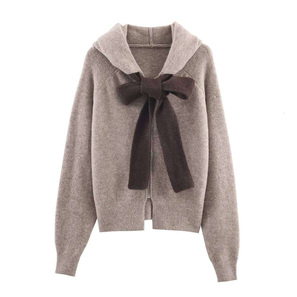 2025 Winter New Women's Casual Fashionable Simple Long-Sleeved Hooded Knitted Cardigan With Bow Decoration