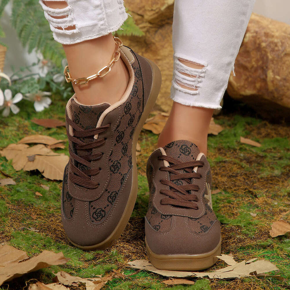 2025 New Retro Brown Old Flower Sneakers Women's Lace-up Casual Fashion Versatile Trendy Board Shoes
