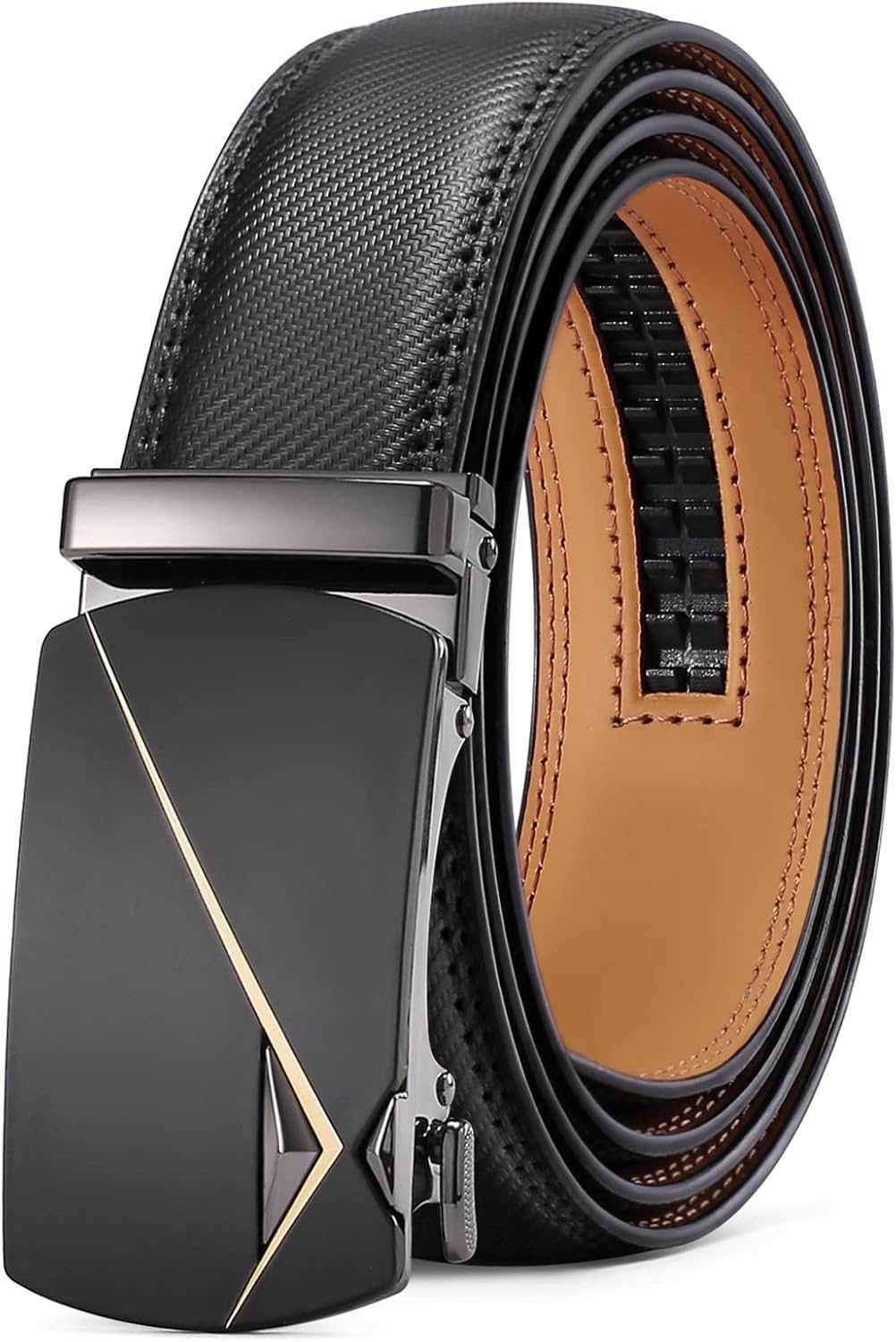 Belt for Men Automatic Ratchet Buckle Slide Dress Casual Belts 1 3/8 Wide Adjustable Trim to FitBlack-20 M251218