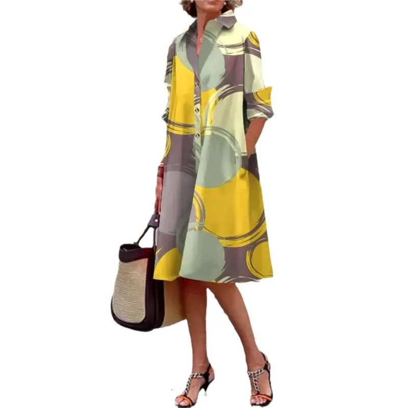 Fashionable Color Printed Blouse Dress Long Sleeved Flip Tie Button Up Shirt Sleeve Pocket Midi Spring Dress 2025 Product 251213