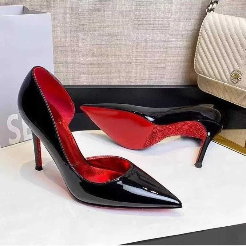 Elegant Hollow Womens High Heels 2025 Luxury Brand Black Pointed Toe Pumps Red Shiny Bottoms Sexy Fashion Ladies Shoes Women Z251218