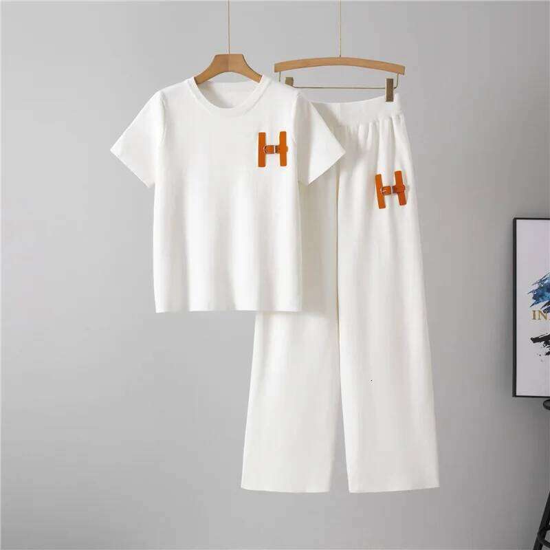 Lazy Fashion Suit Summer New Style Women's Short Sleeved Casual Sports Wide Leg Long Pants Two-Piece Set Trendy Pant Sets