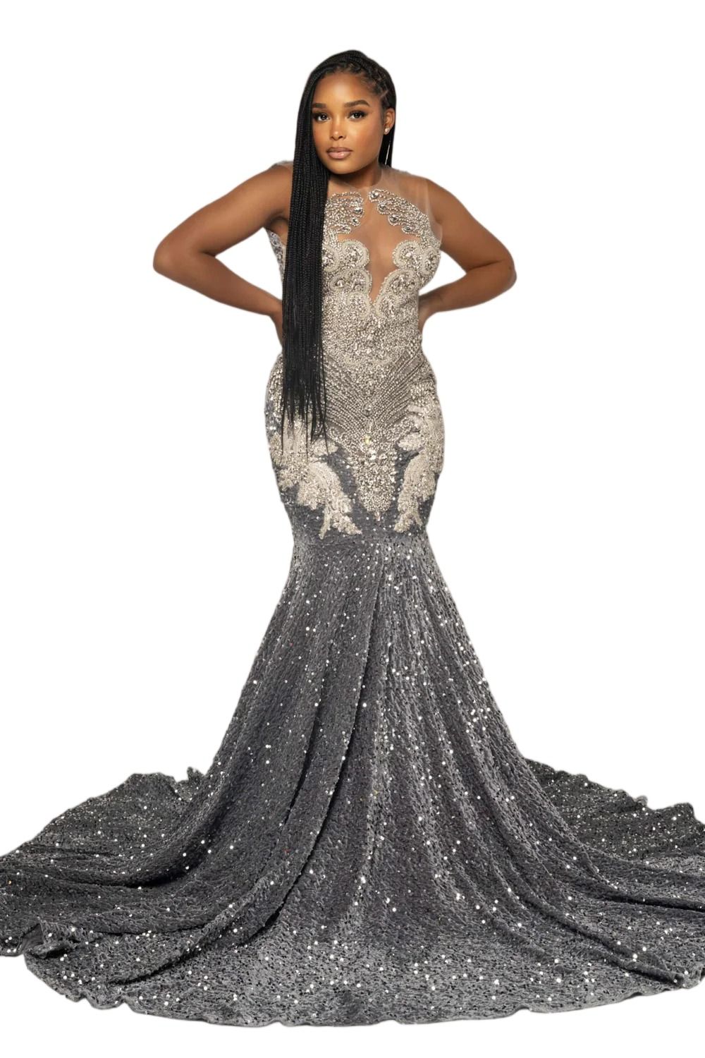 Stunning Silver Grey Mermaid Prom Dresses For Black Girls 2026 Scoop Sleeveless Beadings Appliques Sequined Long Evening Party Gowns Robe De Soiree Ma