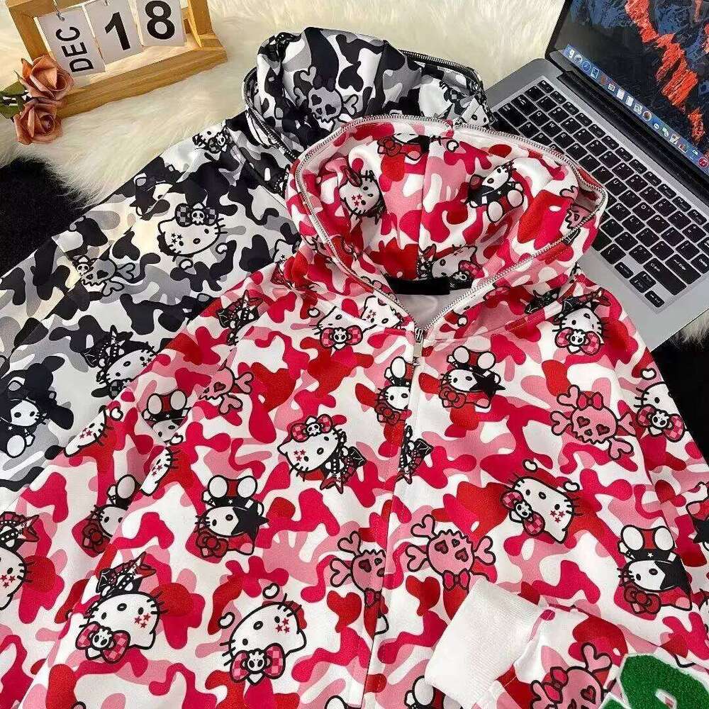 Fashion 2026 American Street Printed Camo Hello Kitty Hooded Hoodie Y2k Men's And Women's Fashion Zipper Jackets Chic Oversize Coat Clothes Designer