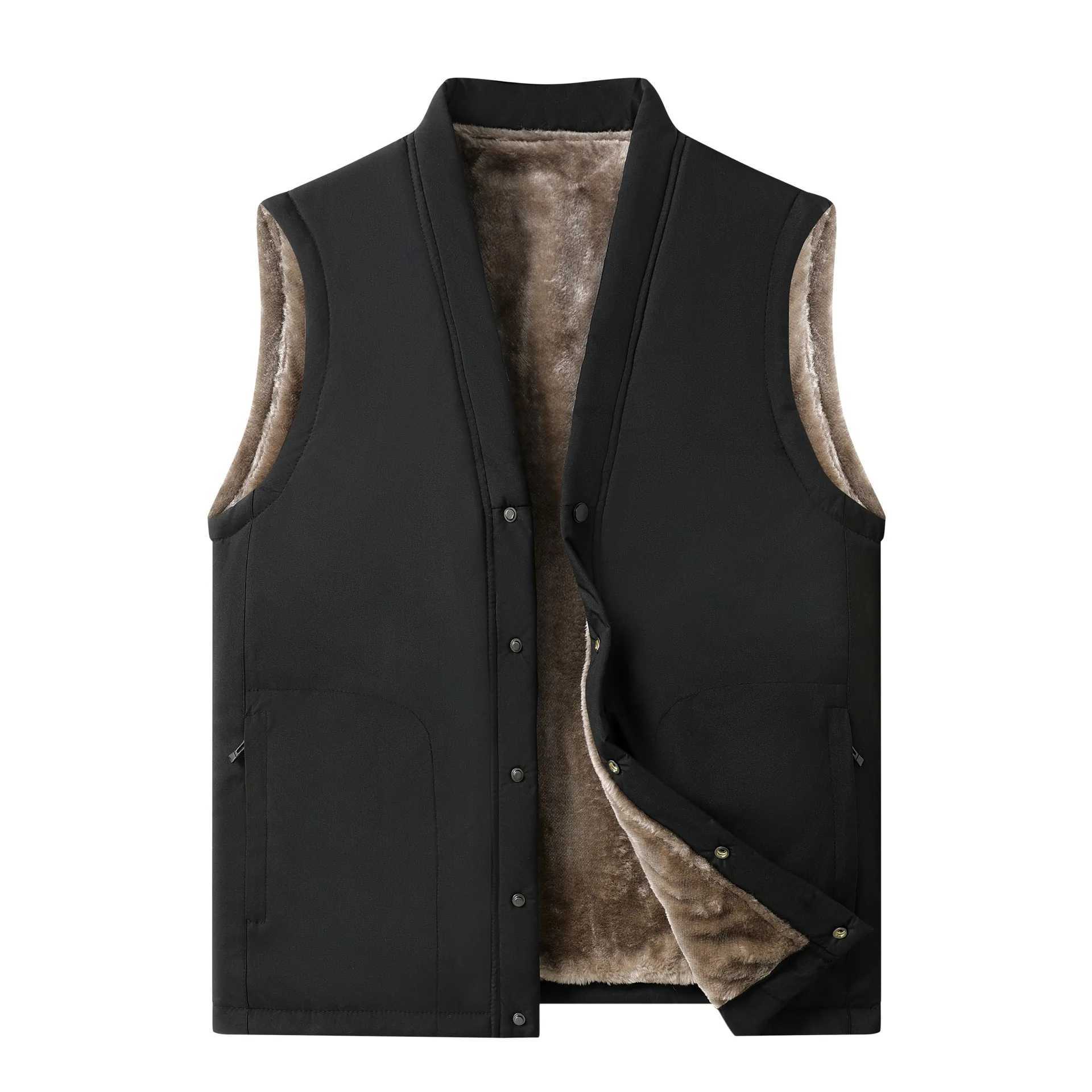 2025 Autumn Winter Men Plush Vest V-neck Sleeveless Fleece Male Coat Solid Color Single-breasted Comfortable Man WaistcoatG251218