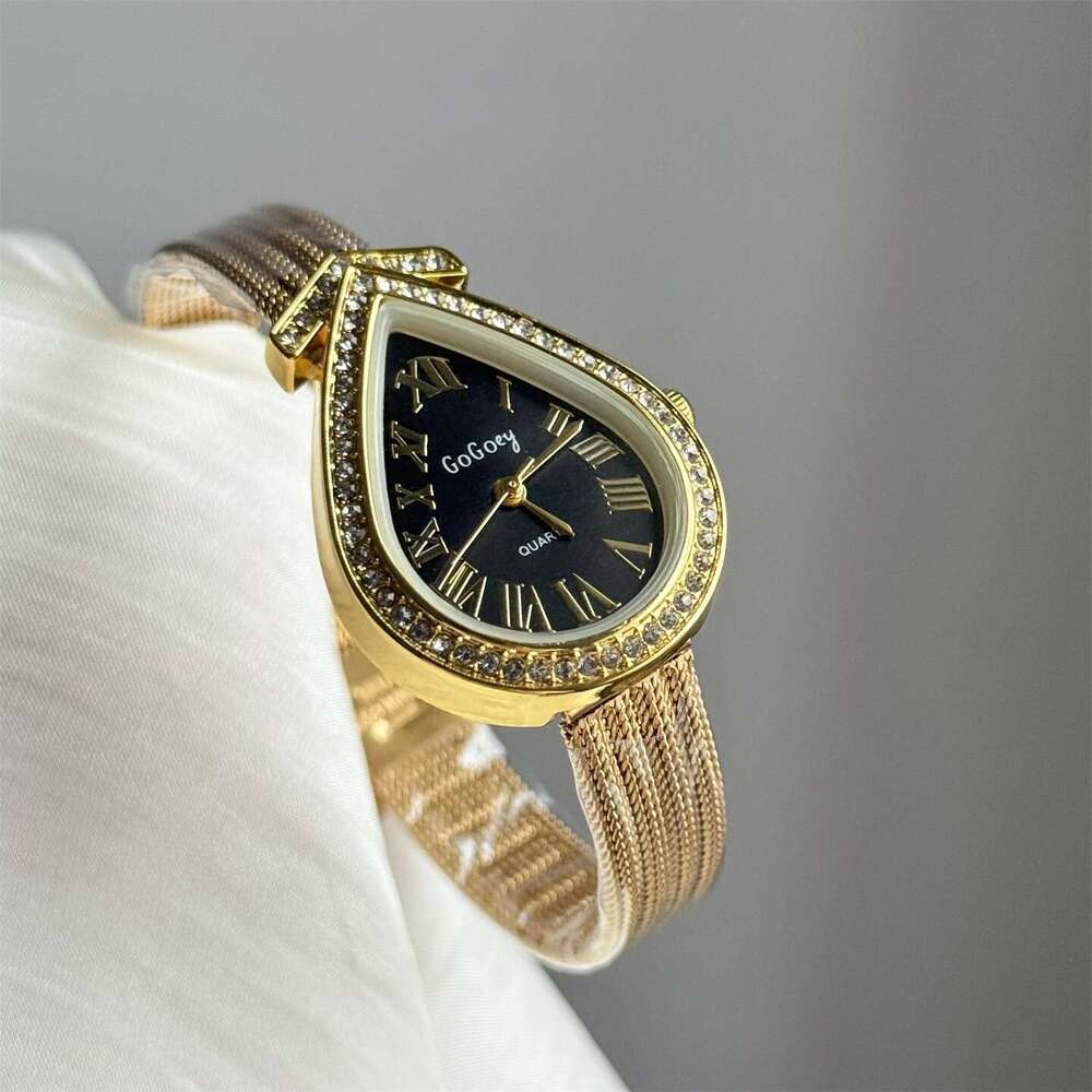 watch Niche Vintage Gold Plated Diamond Studded Fashion Light Luxury Women's Quartz Watch Roman Numerals Water Drop Shape Wristwatch