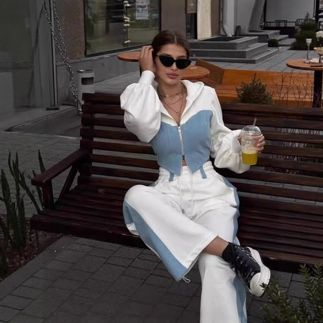 Casual Pant Sets Denim Splicing 2 Pieces Set Summer Polo Collar Zipper Tops High Waist Wide Leg Trousers Women Clothing Suit 240807