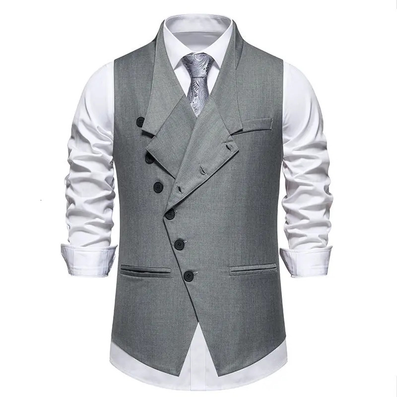 Spring Autumn Fashion Mens Grey Balck Single Breasted Suit Coat Diagonal Placket Solid Color Vest Male Slim Waistcoat 251203