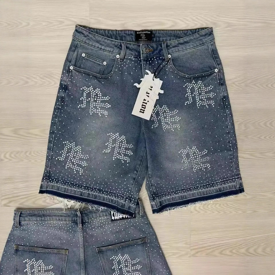 Men's Shorts Streetwear Couple Vintage Rhinestone Sequined Denim Cowboy Hip Hop Loose Sport Casual Mertra Embroidered Streetwear Hip-hop Youth Fo