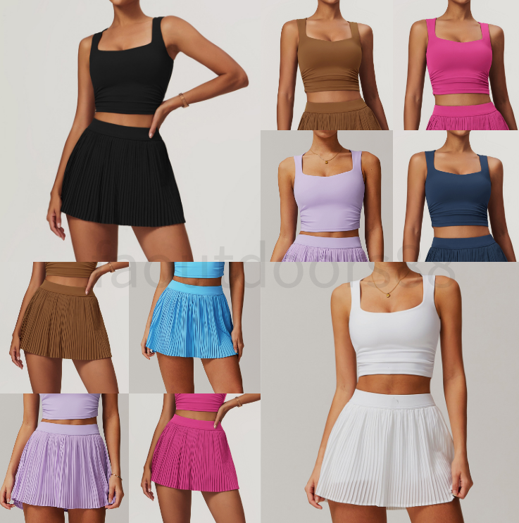 Womens Yoga Outfit Yoga Sets Skirts Vest Tennis Sport Gym Running Casual Shorts Elastic High Waist Sportwear Lined