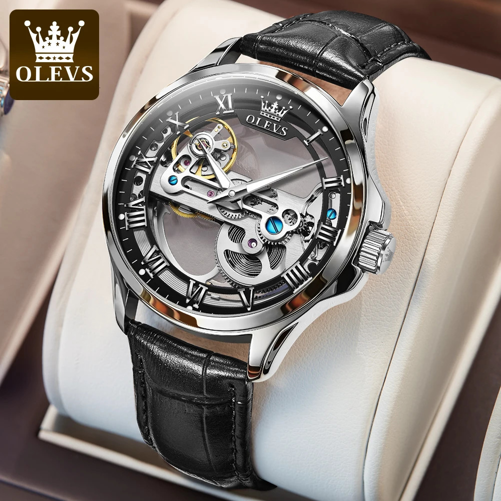 OLEVS 6661 Full Transparant Skelton Flywheel Automatic Mechanical Mens Watch Leather Strap Original Man Wristwatch 251217