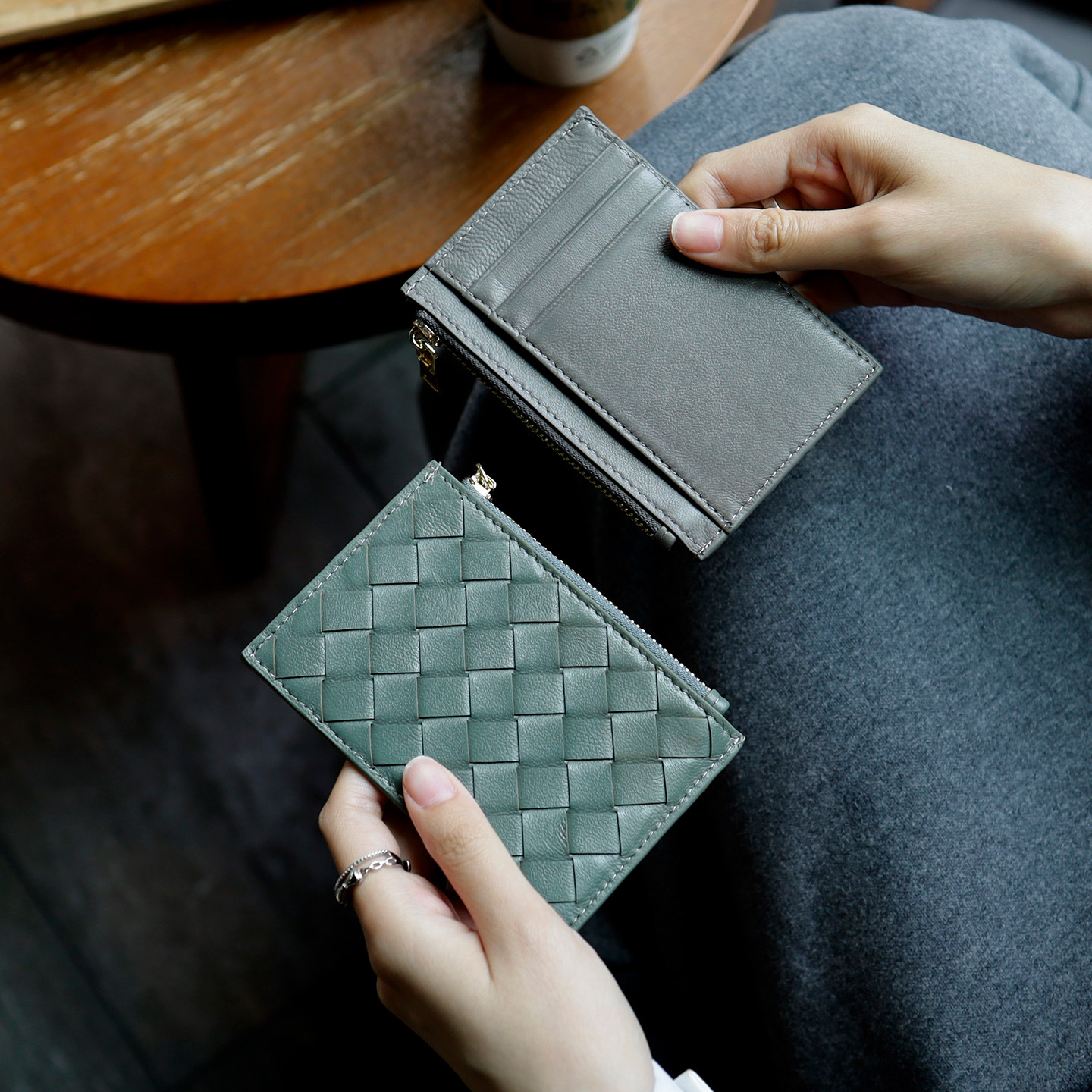 2025 style handmade sheepskin woven checkered card holder for women thin genuine leather coin purse integrated bag