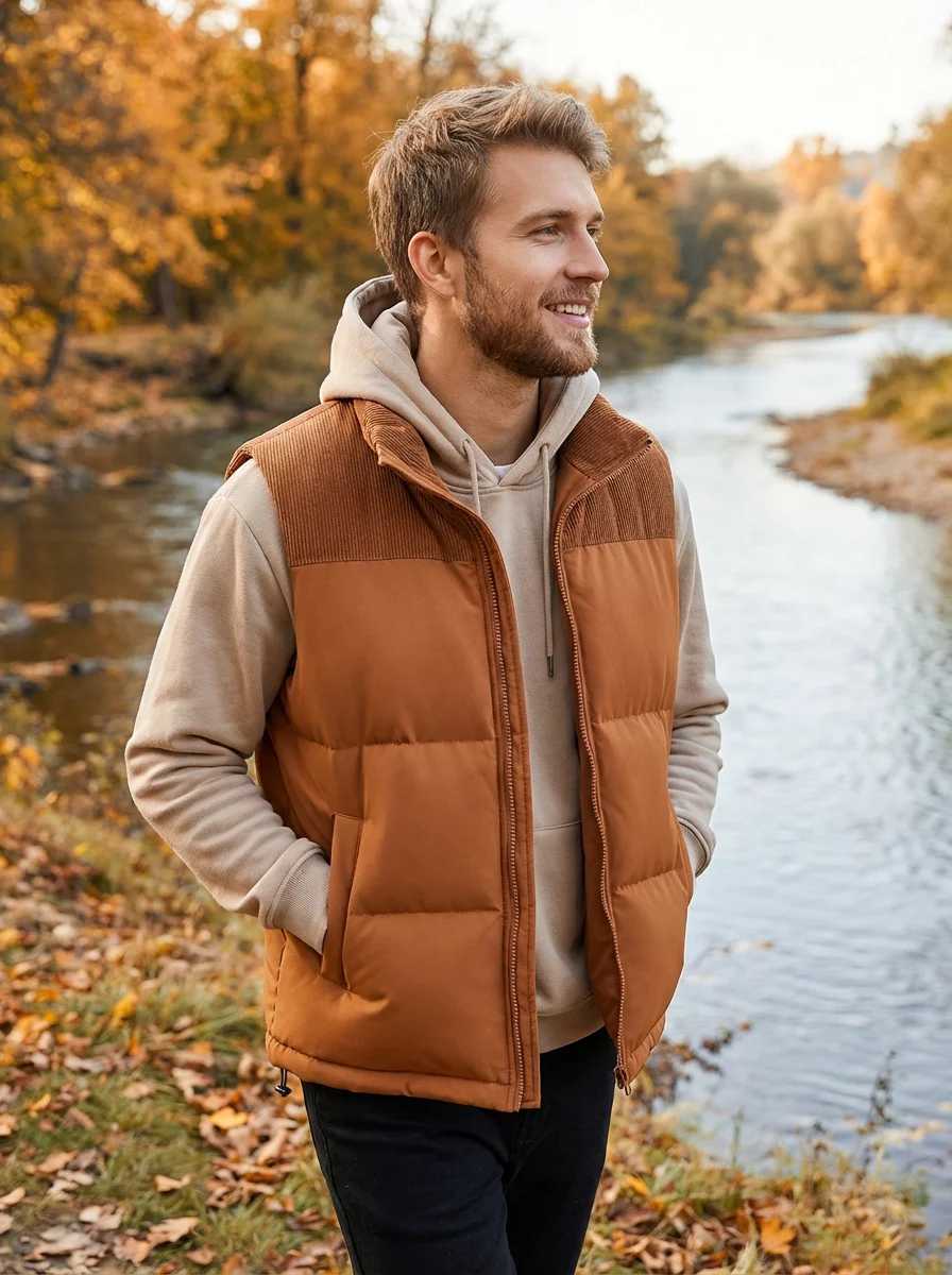 5XL New Arrival Mens Color Block Heavyweight Vest Oversized Outdoor Corduroy-Collar Winter Gilet for manG251218