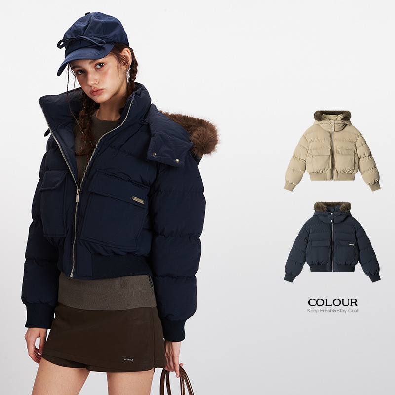 HeyHenry 2025 Winter New Thickened Hooded Fur Collar Cotton Coat for Women American Style Short Padded Jacket 251107