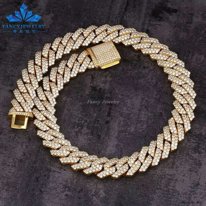 Pass Tester GRA Moissanite VVS Moissanite 8mm-15mm Wide 2 Rows 925 Sterling Silver Cuban Chain Rapper Hip Hop Necklace