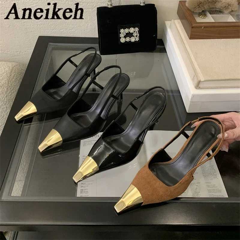 Aneikeh Street Style Sexy Pointed Toe Slingbacks Pumps Women Stripper Sandals High Heels Female Banquet Shoes Brown Kitten Heels Z251218