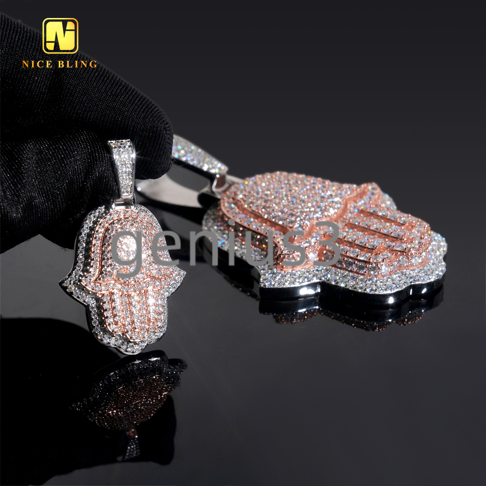 Iced Out Hip Hop Rapper Jewelry Pendant Custom Diamond Two Tone White Rose Gold 925 Silver VVS Moissanite Hamsa Pendant Necklace