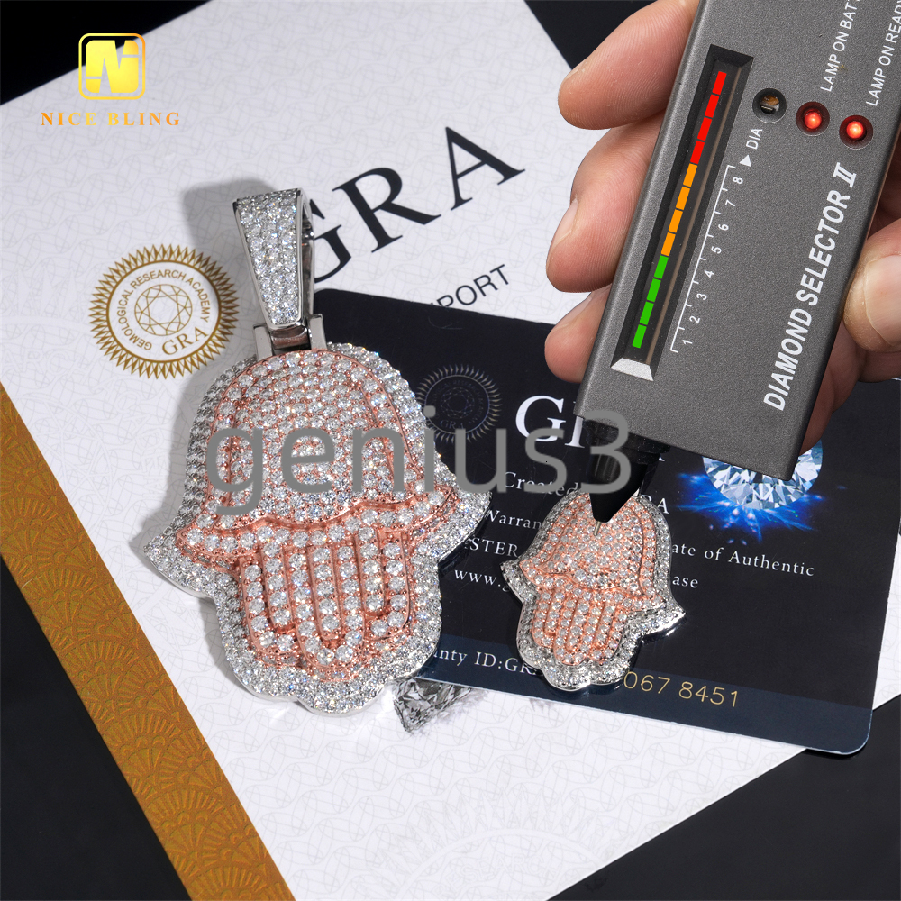Iced Out Hip Hop Rapper Jewelry Pendant Custom Diamond Two Tone White Rose Gold 925 Silver VVS Moissanite Hamsa Pendant Necklace
