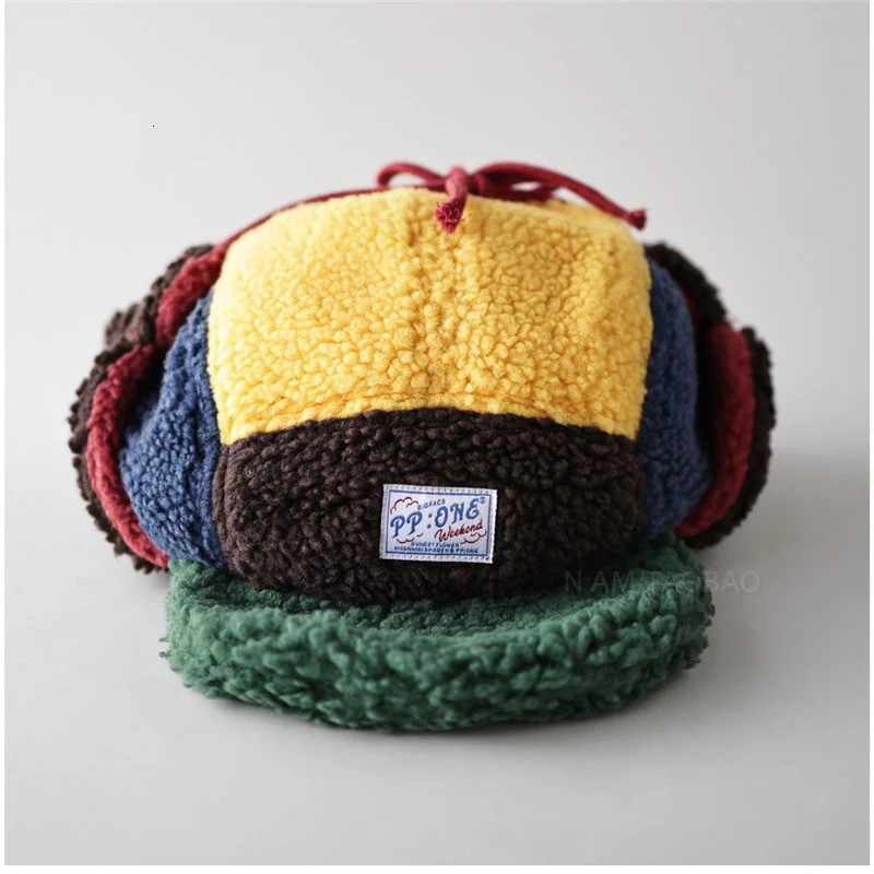 Cute Big Eye Lamb Wool Color Blocked Baseball Caps For Men Wome Mtze Fr Winter Furry Hats With Ears Protection 251217
