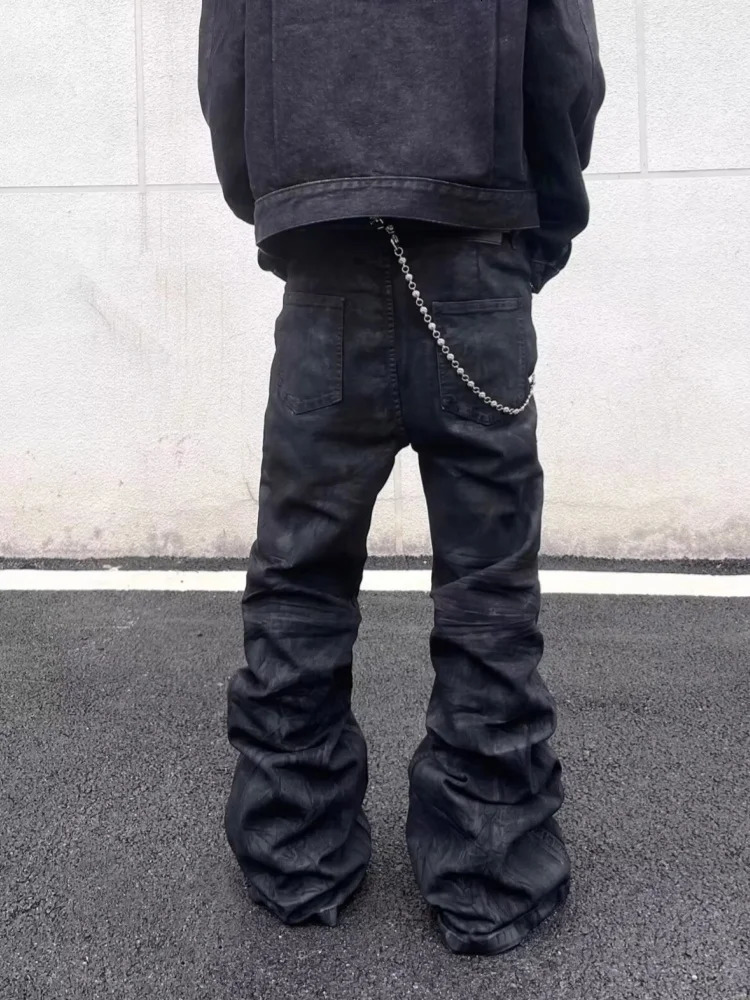 American Retro Y2K Streetwear Black Baggy Pleated Flared Jeans Pants For Men Clothing Gothic Rock Cotton Long Trousers 251212 - view 3