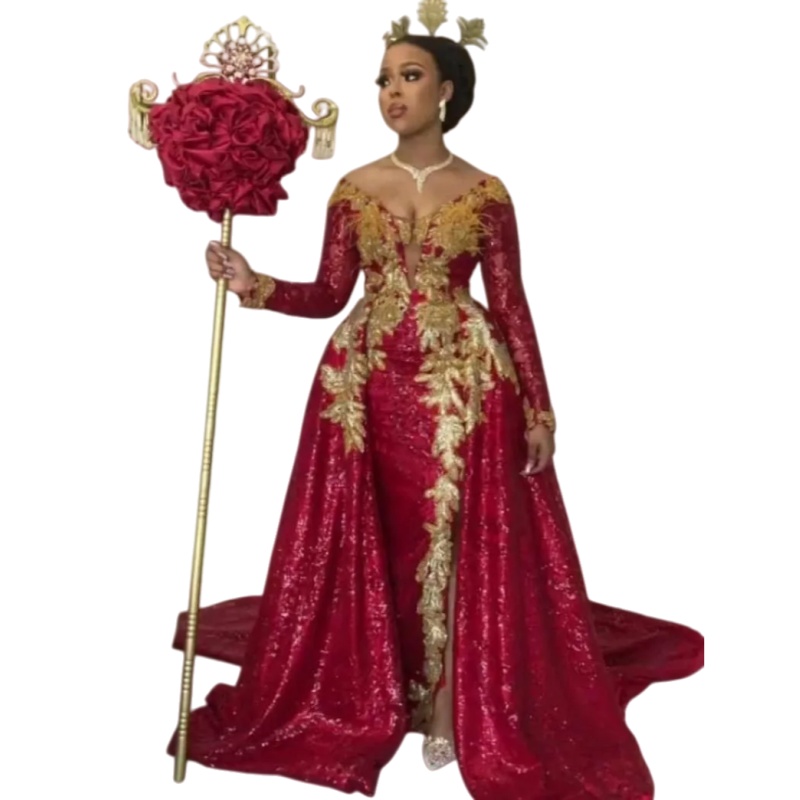 Sparkly Burgundy Sequined Prom Dresses With Detachable Overskirt Side Slit Evening Dress Long Sleeves Gold Lace Appliques Formal Occasion Gowns Vestid