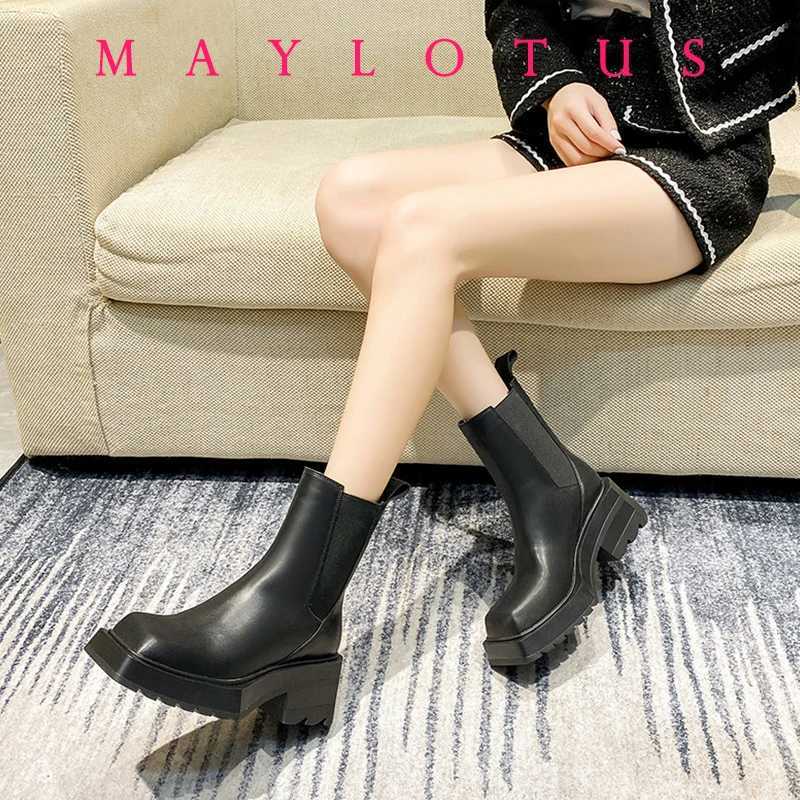 Chelsea Boots Women Cow Leather Square Toe Fashion Slip On Thick Block Heel Ladies Flat Shoes Winter Ankle Boots H260526