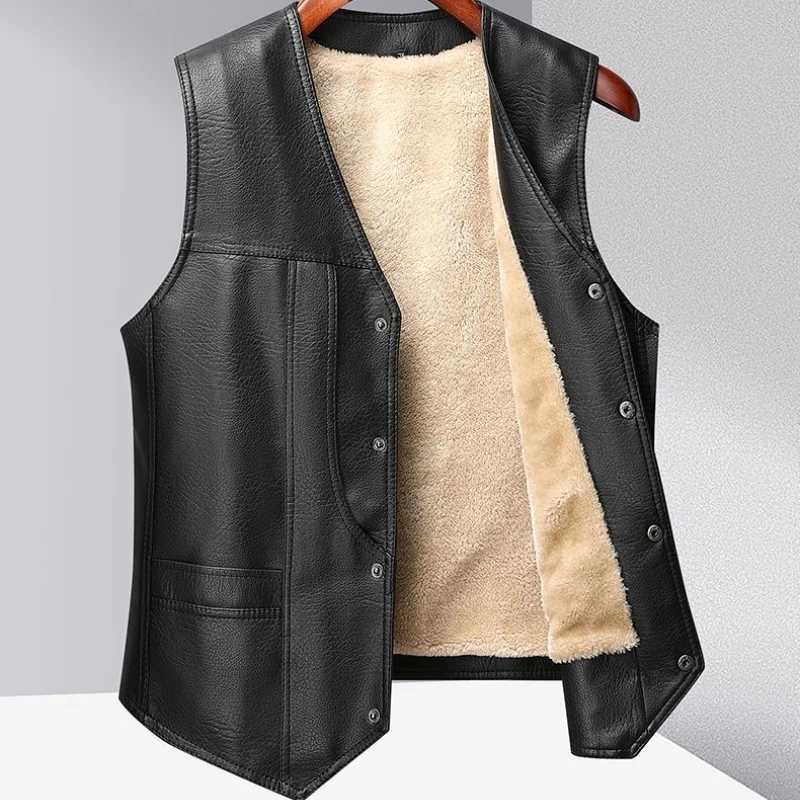 Mens Warm Fleece Lined Leather Vest for Elderly Fathers Thickened Winter Gilet for Grandpas Senior Mens Casual Warm VestG251218