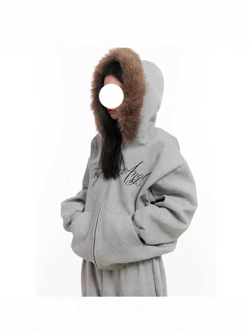 style winter strt fashion trend wool collar printed letter zipper cardigan sweatshirt long slved hooded sweatshirt Y2K X251218 - view 3