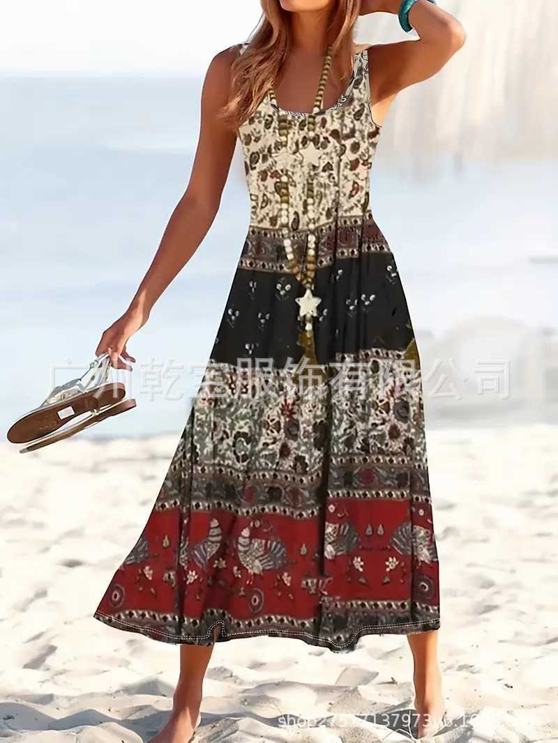 2025 New Arrival Women's Sleeveless Digital Print Casual Long Dress for European and American FashionX240912
