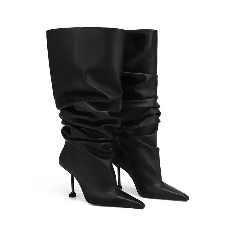 Autumn and Winter Slim Fit High Heels Knee High Pleated Womens Boots Fashionable Pointed Sleeves Womens Mid Length Boots 251217