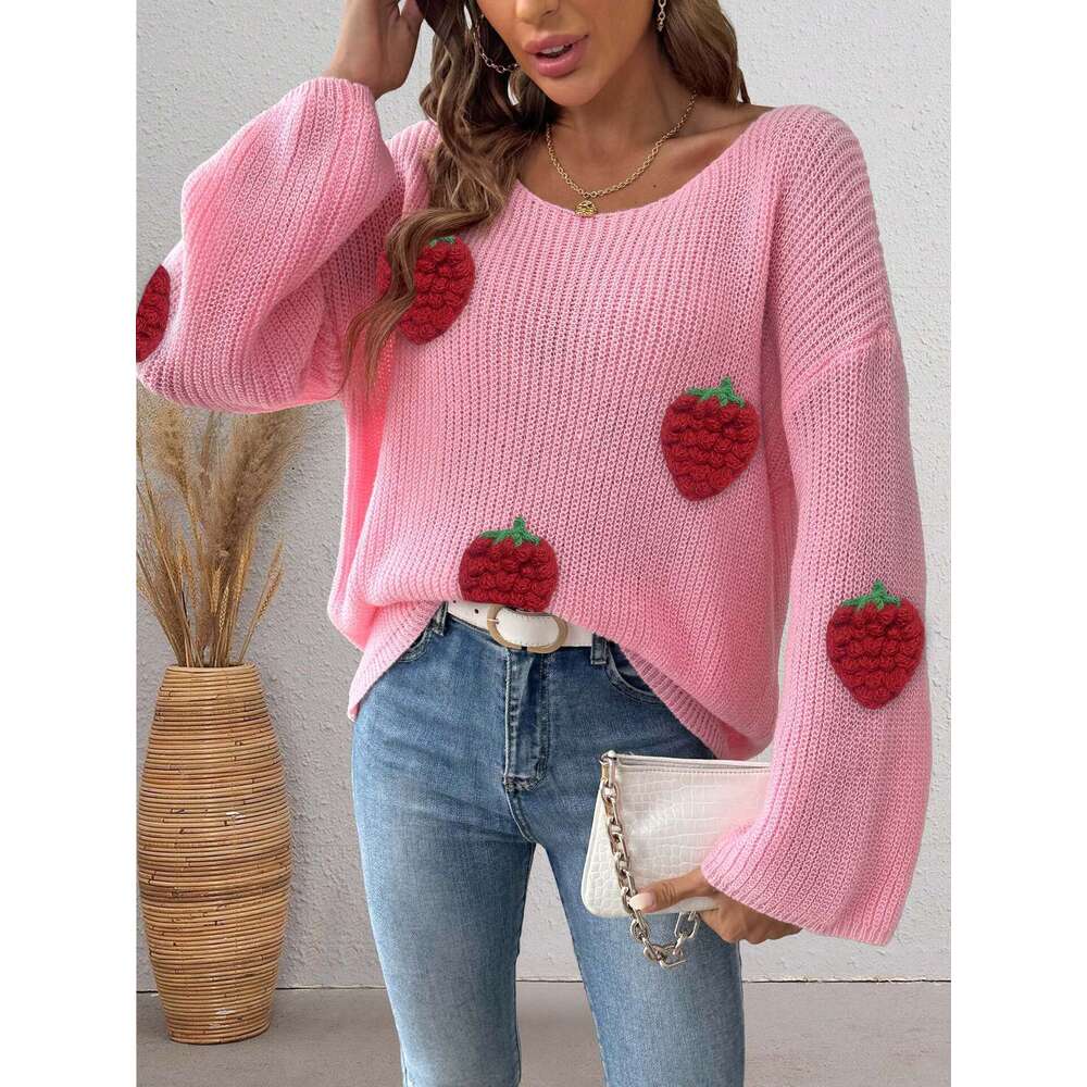 Designer Women's Pullover Cross-Border European And American Fashion Strawberry 3D Patchwork Loose Off-Shoulder Bell Sleeve Sweater 358d 56d8