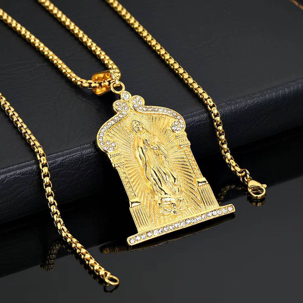 14K gold original designer-made religious jewelry of the Virgin Mary; moissanite 14K gold pendant