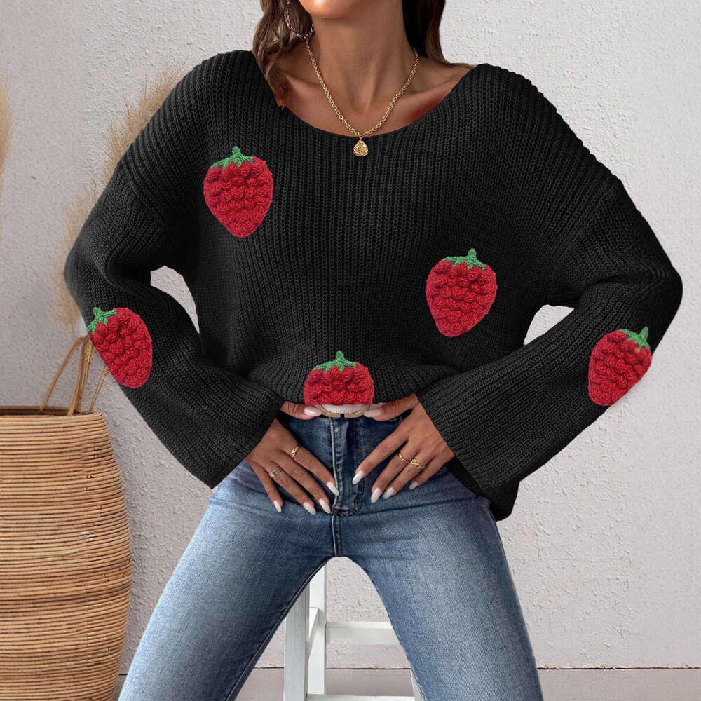 Designer Women's Pullover Cross-Border European And American Fashion Strawberry 3D Patchwork Loose Off-Shoulder Bell Sleeve Sweater 358d 56d8