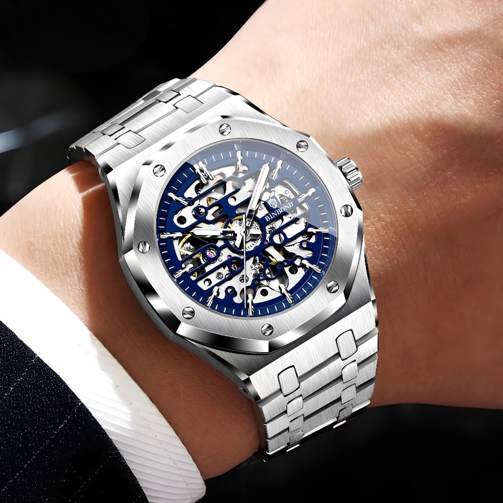 Skeleton Automatic Watch, 42MM , Stainless Steel Strap, Water Resistant, High-Hardness Coated Lens Quartz Watch,Durable Trendy Design for Daily Wear Perfect Gift