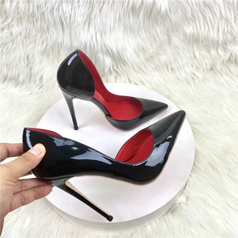 2025 New Lacquer Leather High Heels Shallow Mouth Pointed Head Thin Heel Side Air High Grade Sexy Fashion Womens Single Shoes Z251218