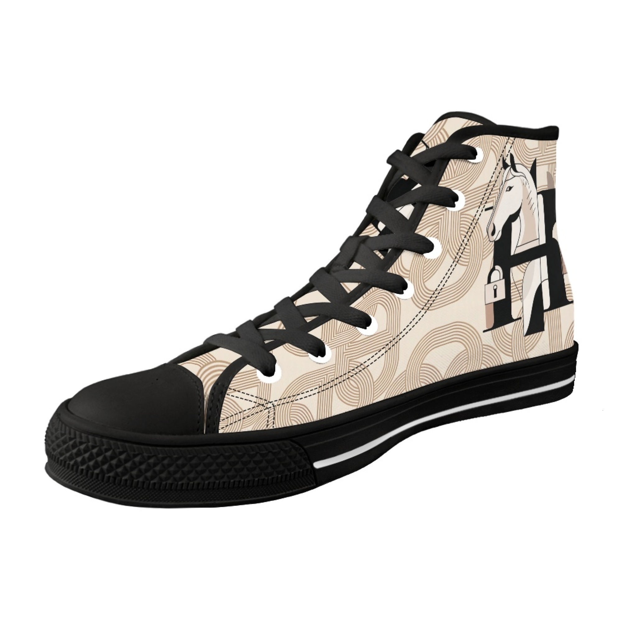 Custom Designer H High Top Canvas Sneakers Luxury Horse Pattern Canvas Shoes Lace up White Black Sneakers Casual Walking Shoes Unisex H6