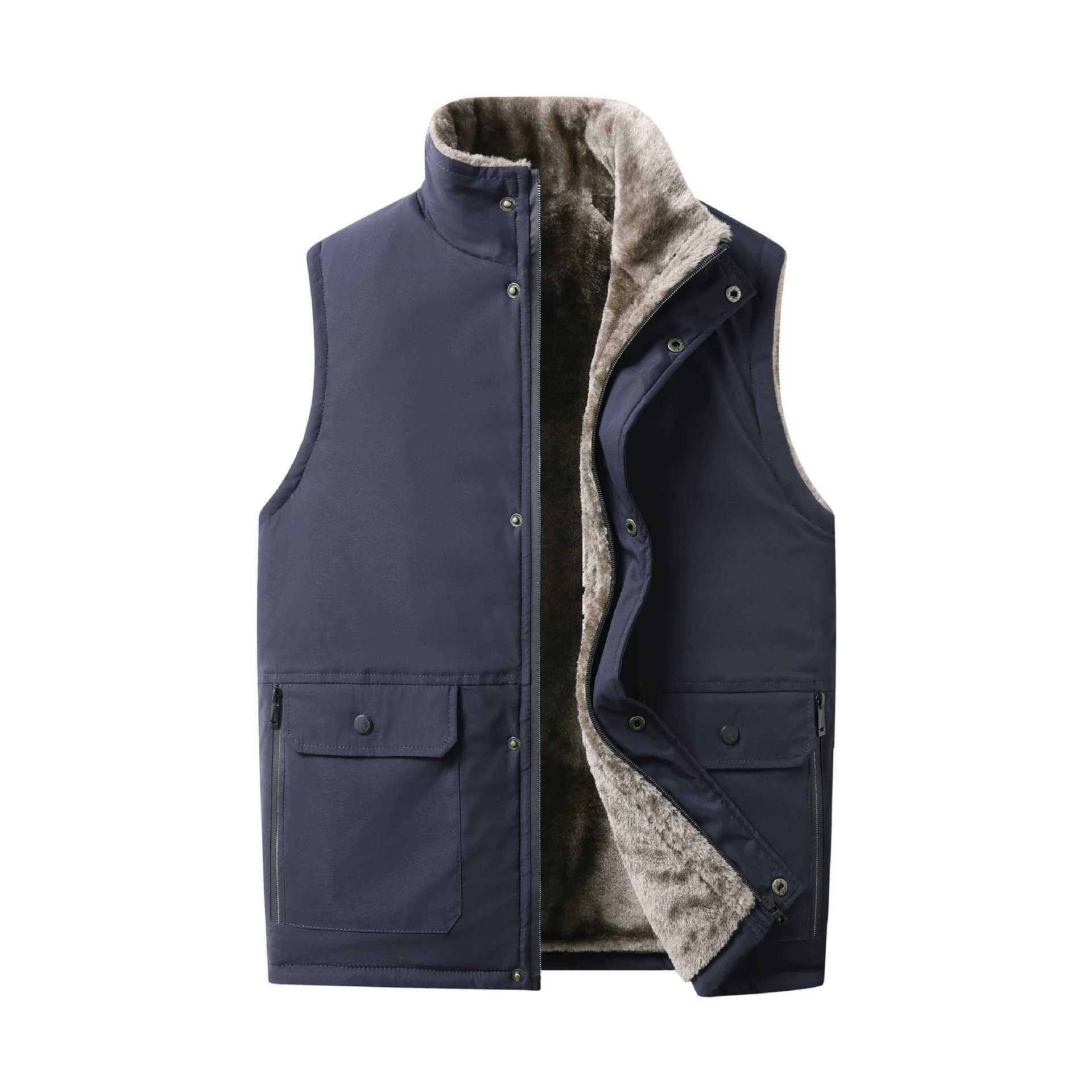 2025 Autumn Winter Men Plush Vest V-neck Sleeveless Fleece Male Coat Solid Color Single-breasted Comfortable Man WaistcoatG251218