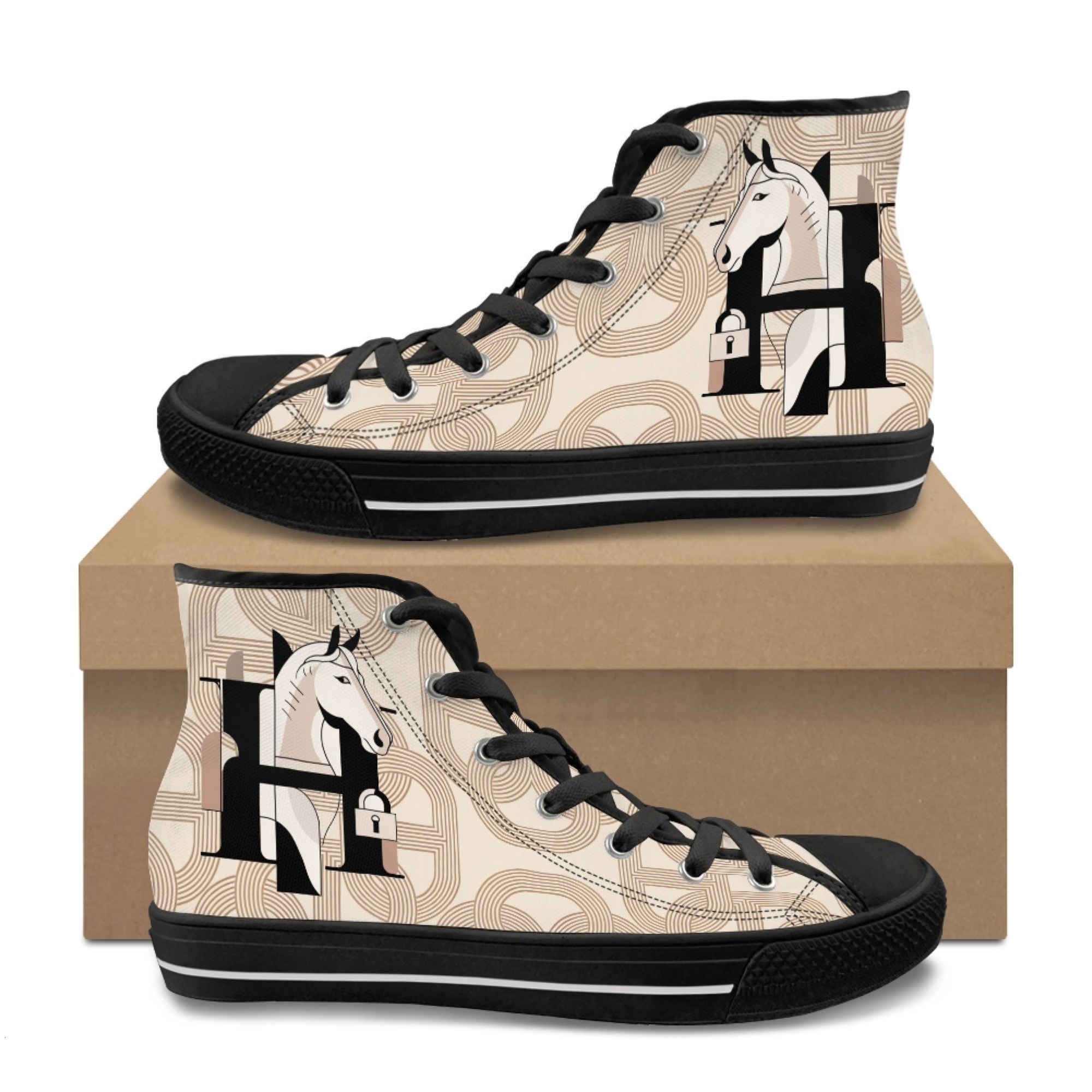 Custom Designer H High Top Canvas Sneakers Luxury Horse Pattern Canvas Shoes Lace up White Black Sneakers Casual Walking Shoes Unisex H6