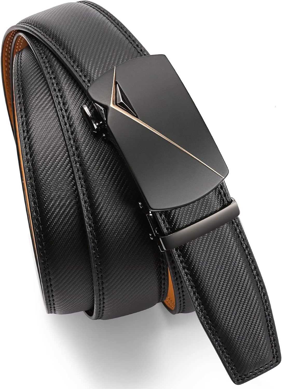 Belt for Men Automatic Ratchet Buckle Slide Dress Casual Belts 1 3/8 Wide Adjustable Trim to FitBlack-20 M251218