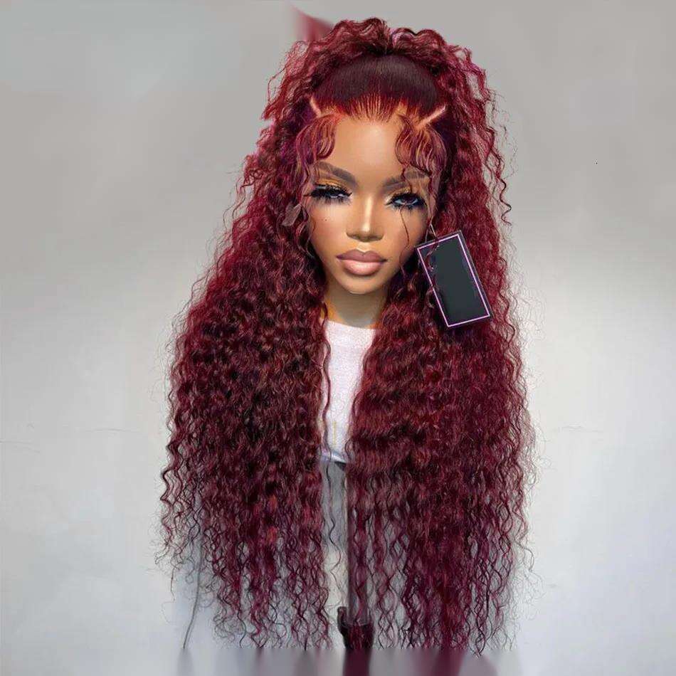 Brazilian 99J Burgundy 40 Inch Deep Wave Frontal Wig 13x4 Garnet Red Curly Lace Front Simualtion Human Hair Wigs Preplucked BJ852