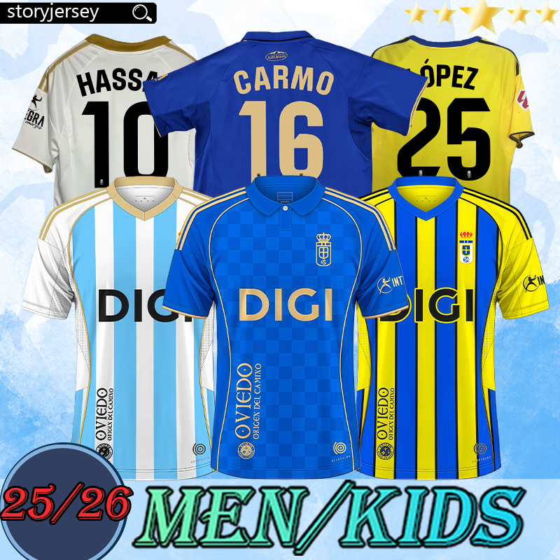 Real Oviedo 2025 2026 Soccer Jerseys HASSAN CARMO LOPEZ CHAIRA 25 26 Football Shirts DENDONCKER REINA EJARIA COLOMBATTO Man Kids Kit Uniform 3XL 4XL